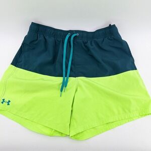 Under Armour Mens XL Swim Trunks Teal Neon‎ Green Colorblock Mesh Lined Shorts